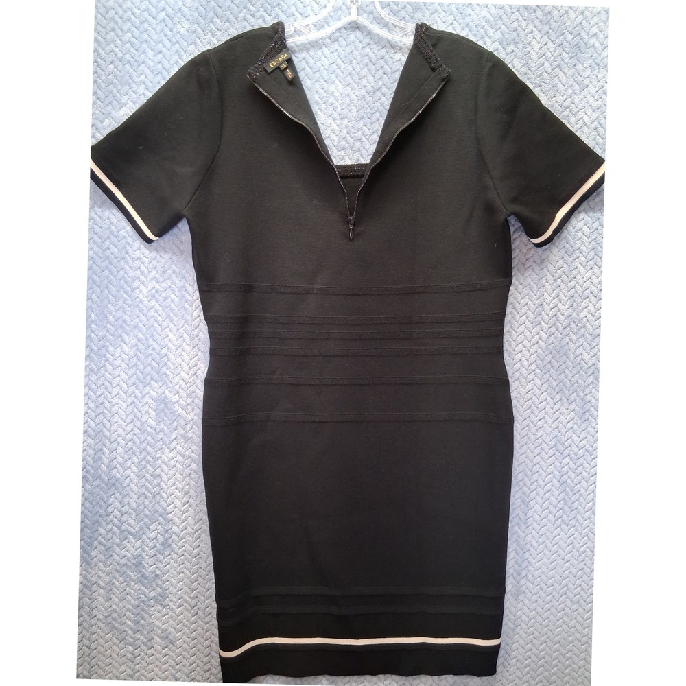 Escada Black Knit Dress XL Short Sleeve Square Neck Metallic Trim Made in Italy - Picture 7 of 8